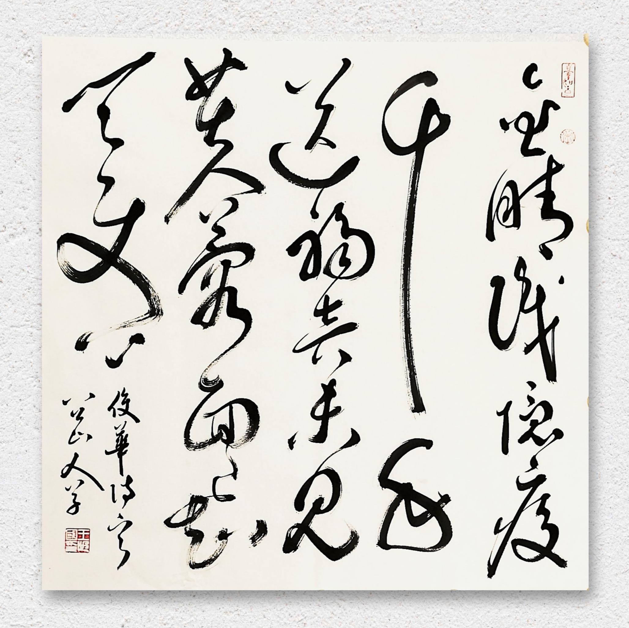 草书《杨俊华·抗疫英雄赞》：“金睛识隐疫，千手送福音。未见芙蓉面，已知天使心。”