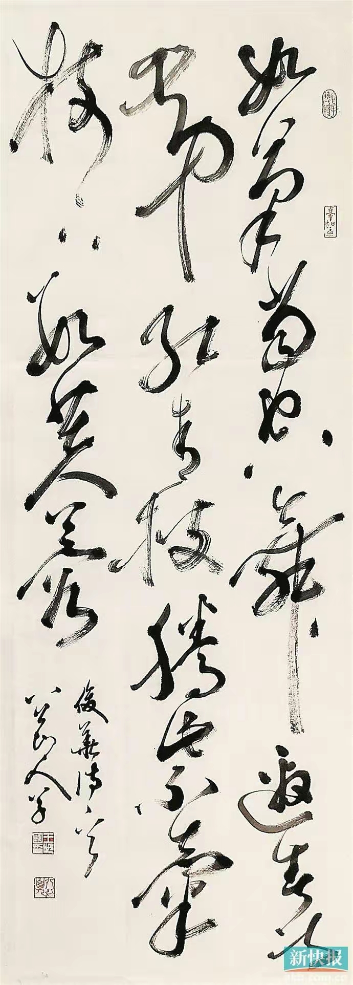 八公山人近作狂草《杨俊华·咏辛夷花》:如笔当空舞,邀春次第红。青枝腾紫气,树下数芙蓉。