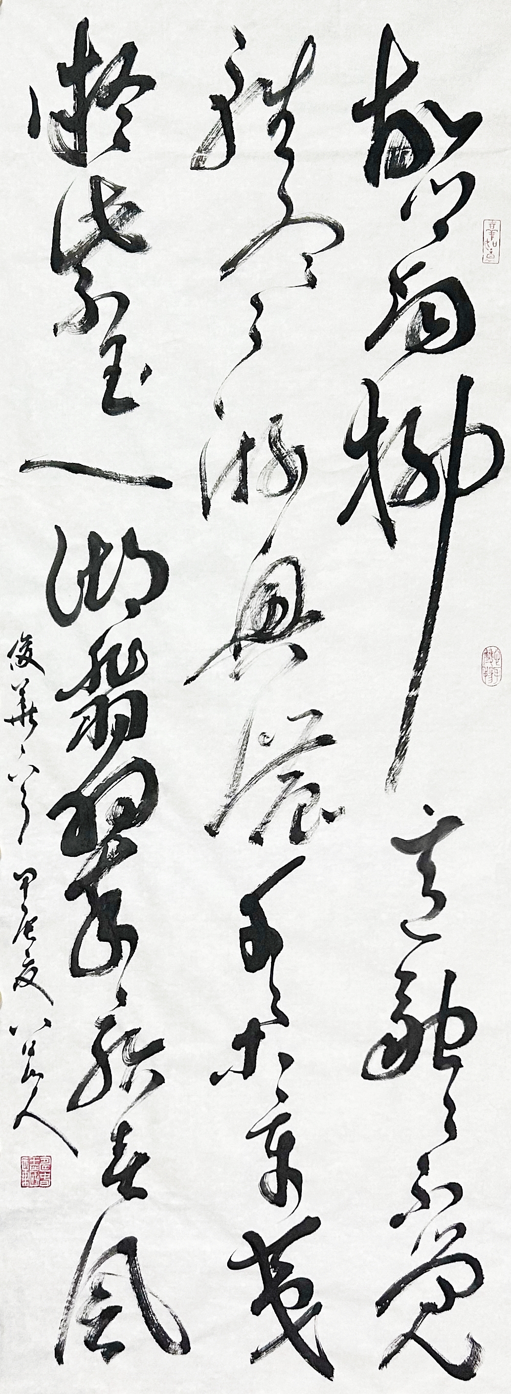 大草条幅《杨俊华·春游合肥翡翠湖》:“故乡烟柳意融融,不觉轻寒游兴浓。千朵辛夷凝紫玉,一湖翡翠骀春风。”